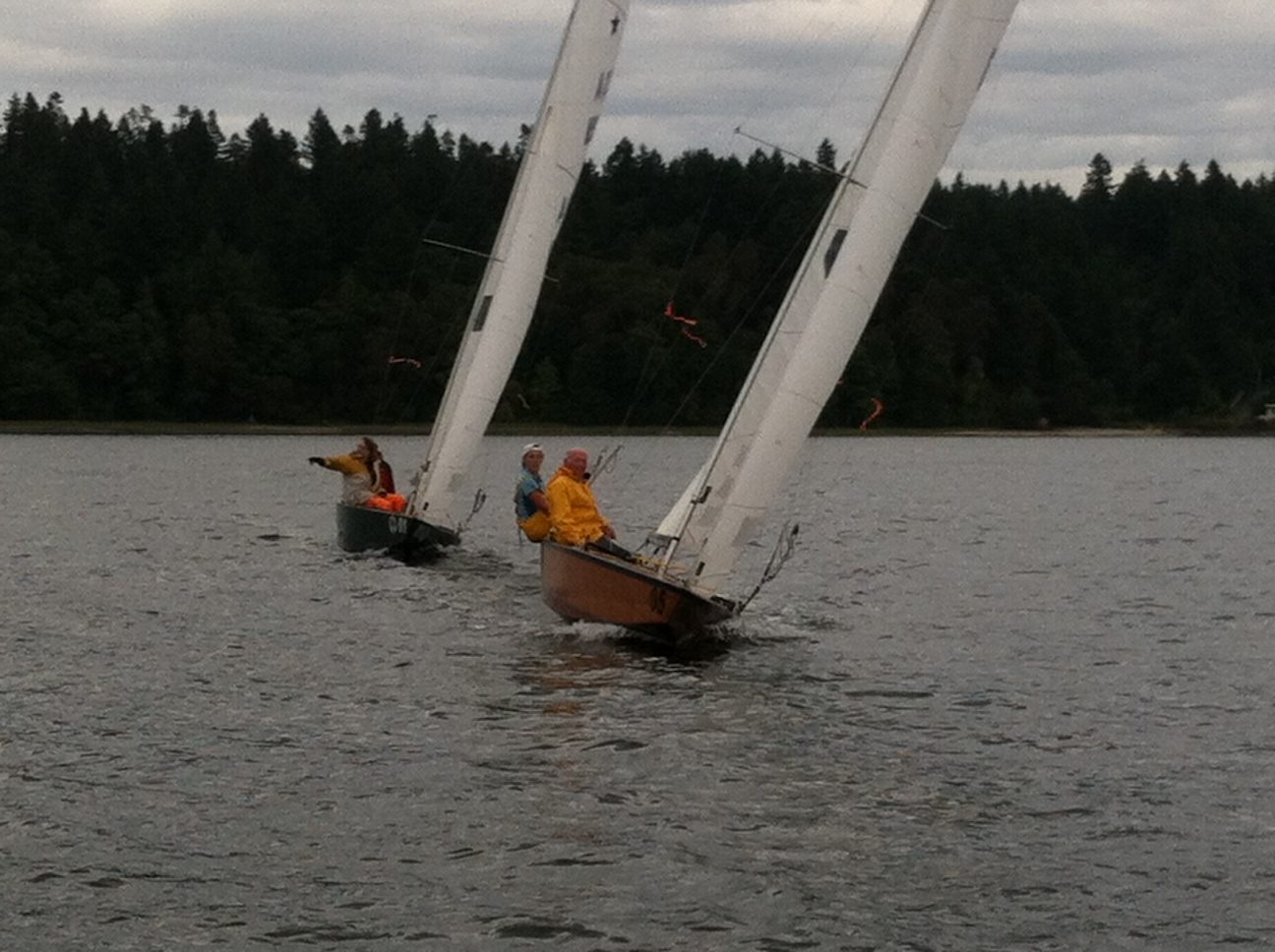 The good news is that coming around the mark and heading upwind, we caught Bill to keep...